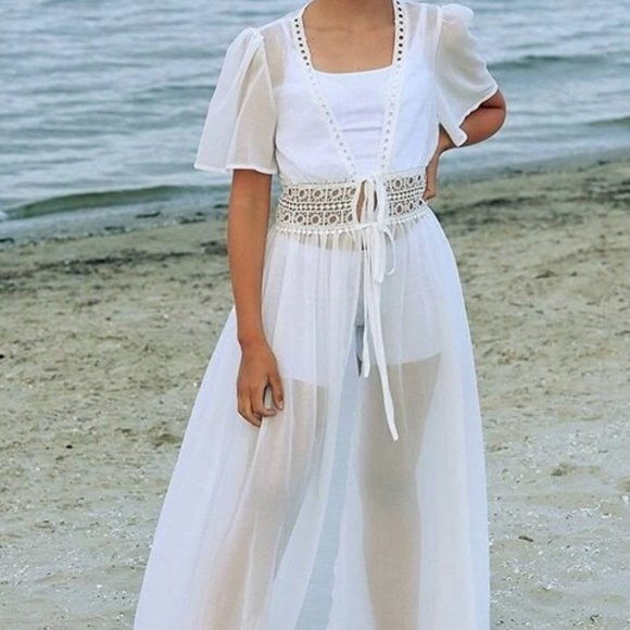 white Vacay Vibes Eyelet Embroidery Tie Front Kimono - Picture 7 of 16
